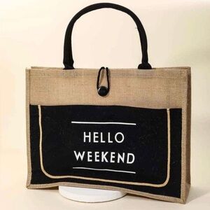 Hello Weekend Burlap Tote Bag